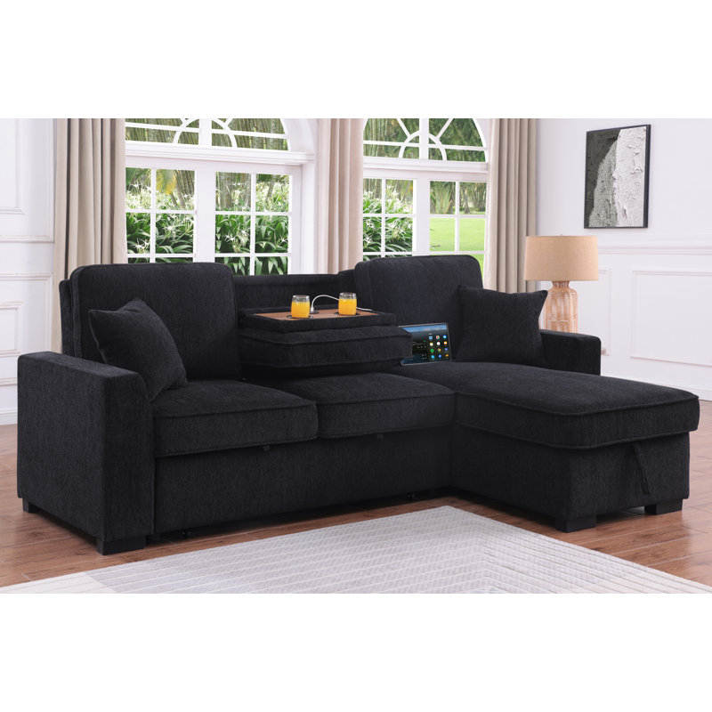 Elfrieda Boneless 92" W Reversible Sleeper Sectional with Storage, Black Chenille 