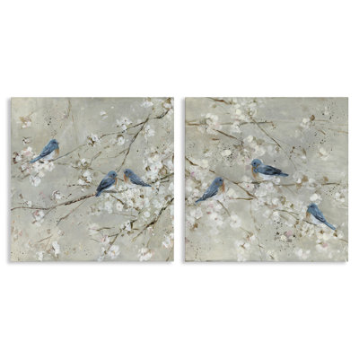 " Blue Birds Perched Tree Blossoms Spring Scene " by Sally Swatland 2 - Pieces