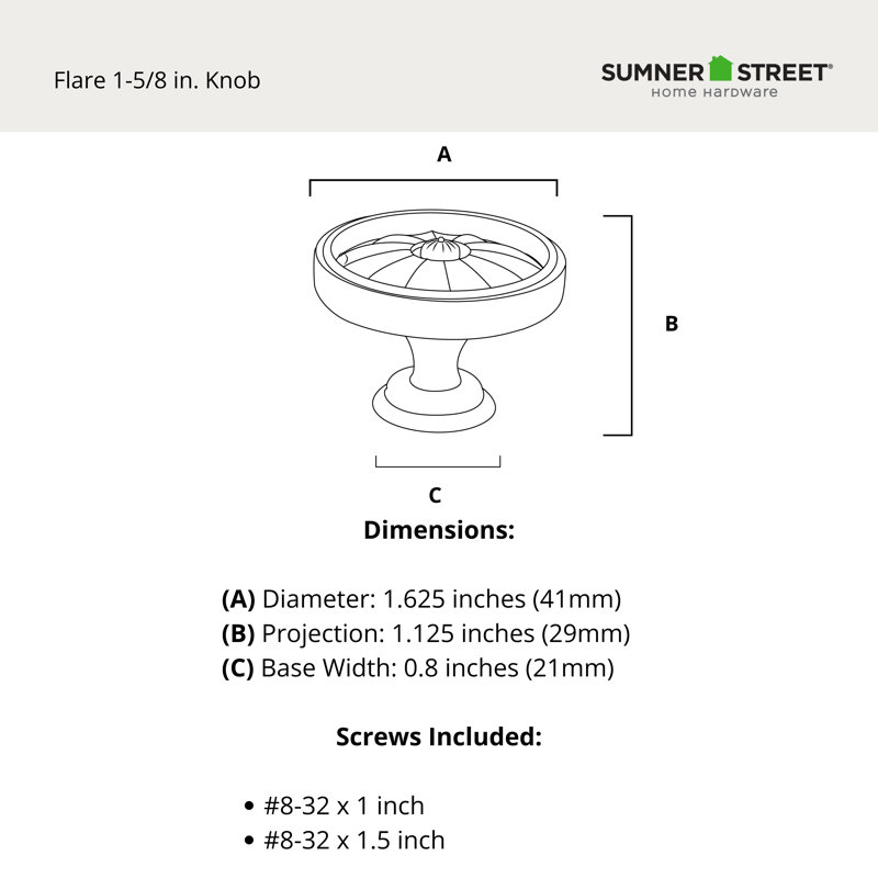 Poignée d'armoire ronde surdimensionnée en nickel satiné de 1-5 / 8 po de diamètre Flare, 1.625"