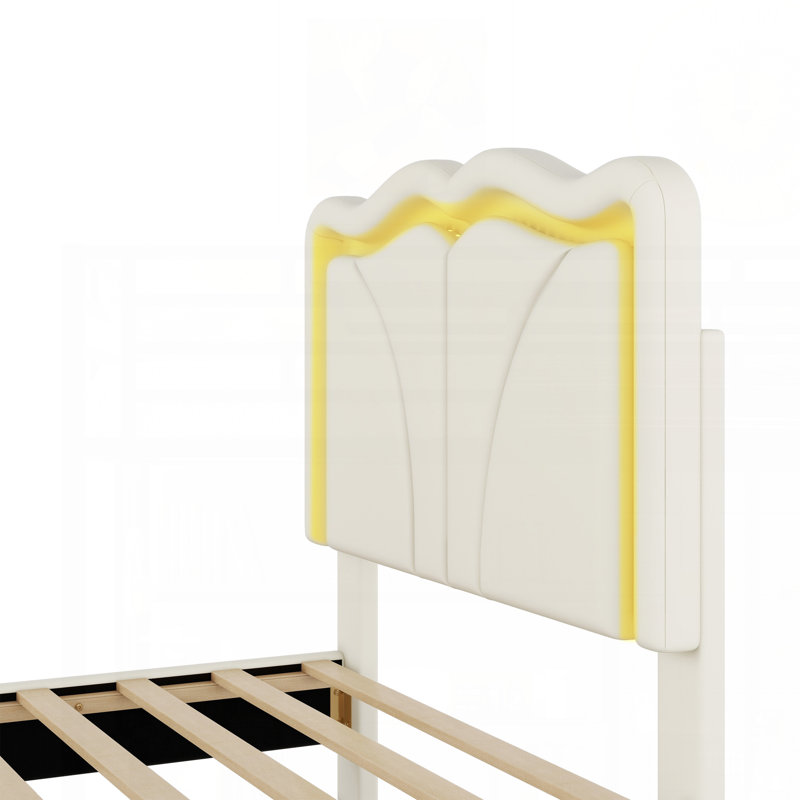 Lit plateforme simple tapissier avec tête de lit courbée et à hauteur ajustable, bandes lumineuses à DEL, blanc