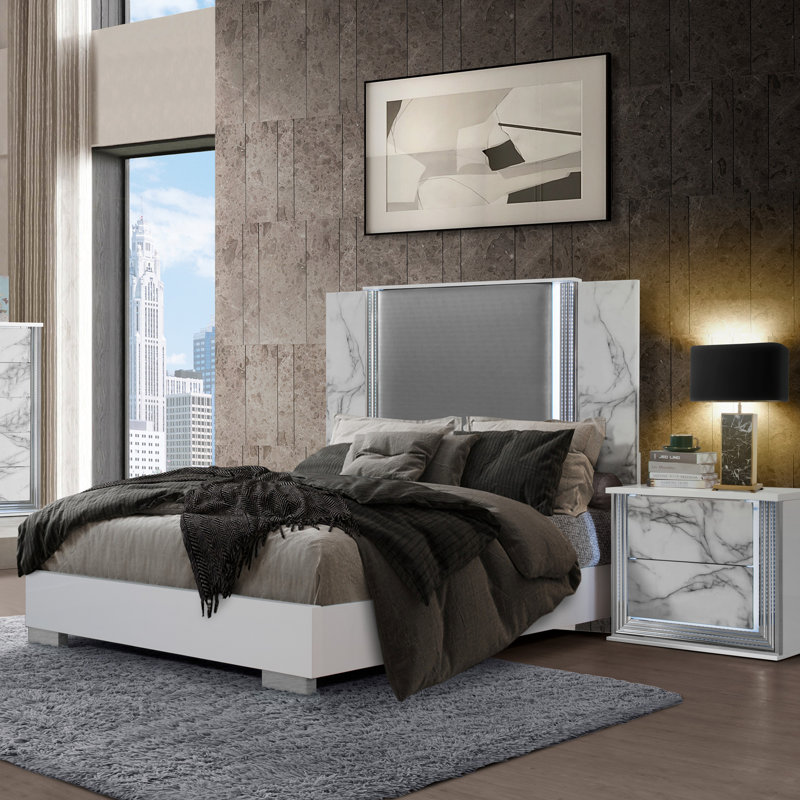 MOON WHITE MARBLE BED W/LED, Queen