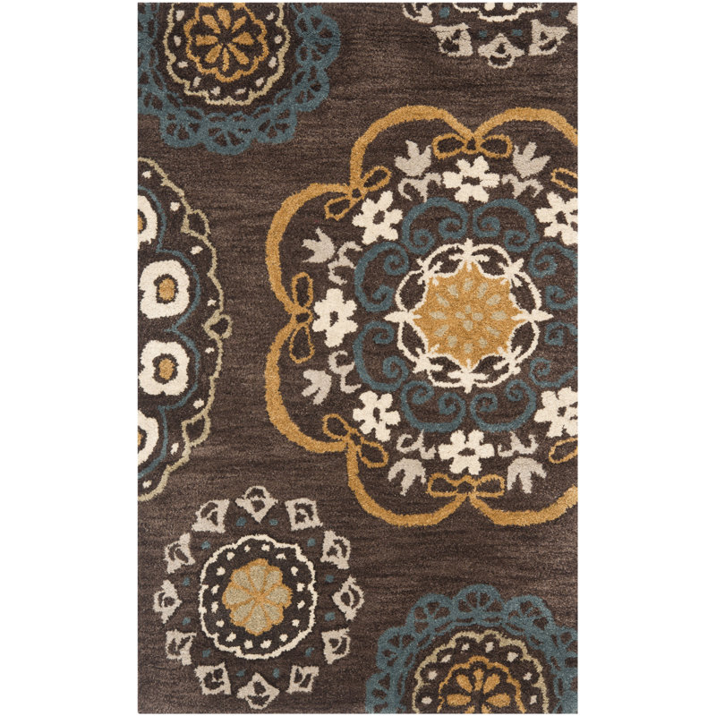 Amory Hand Tufted Wool/Cotton Floral Rug in Brown/Blue, Rectangle 2'6" x 4'
