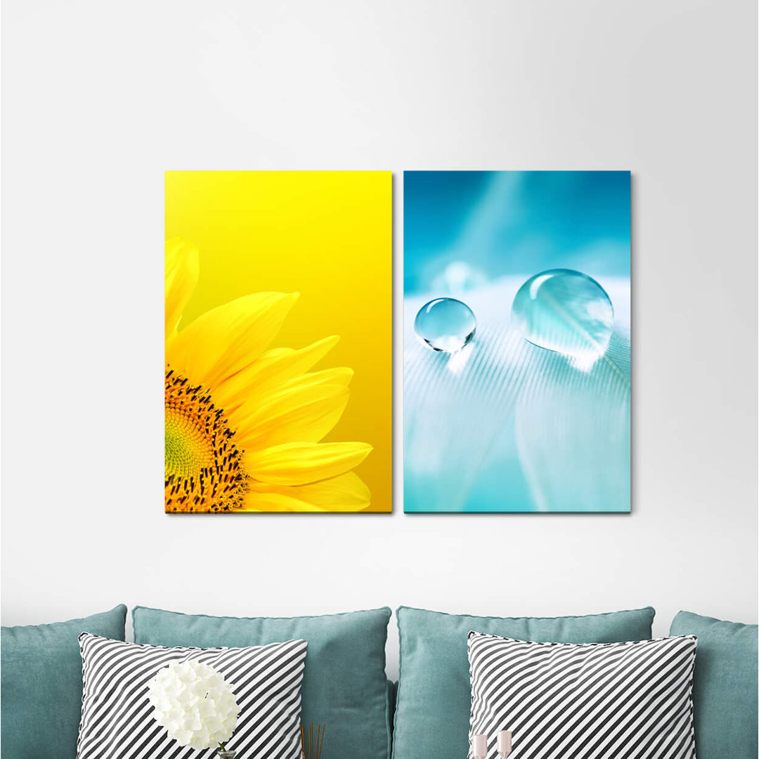 2-tlg. Leinwandbilder-Set - Fotografie „Sunflower Yellow Feather Drop Blue Light Blue”