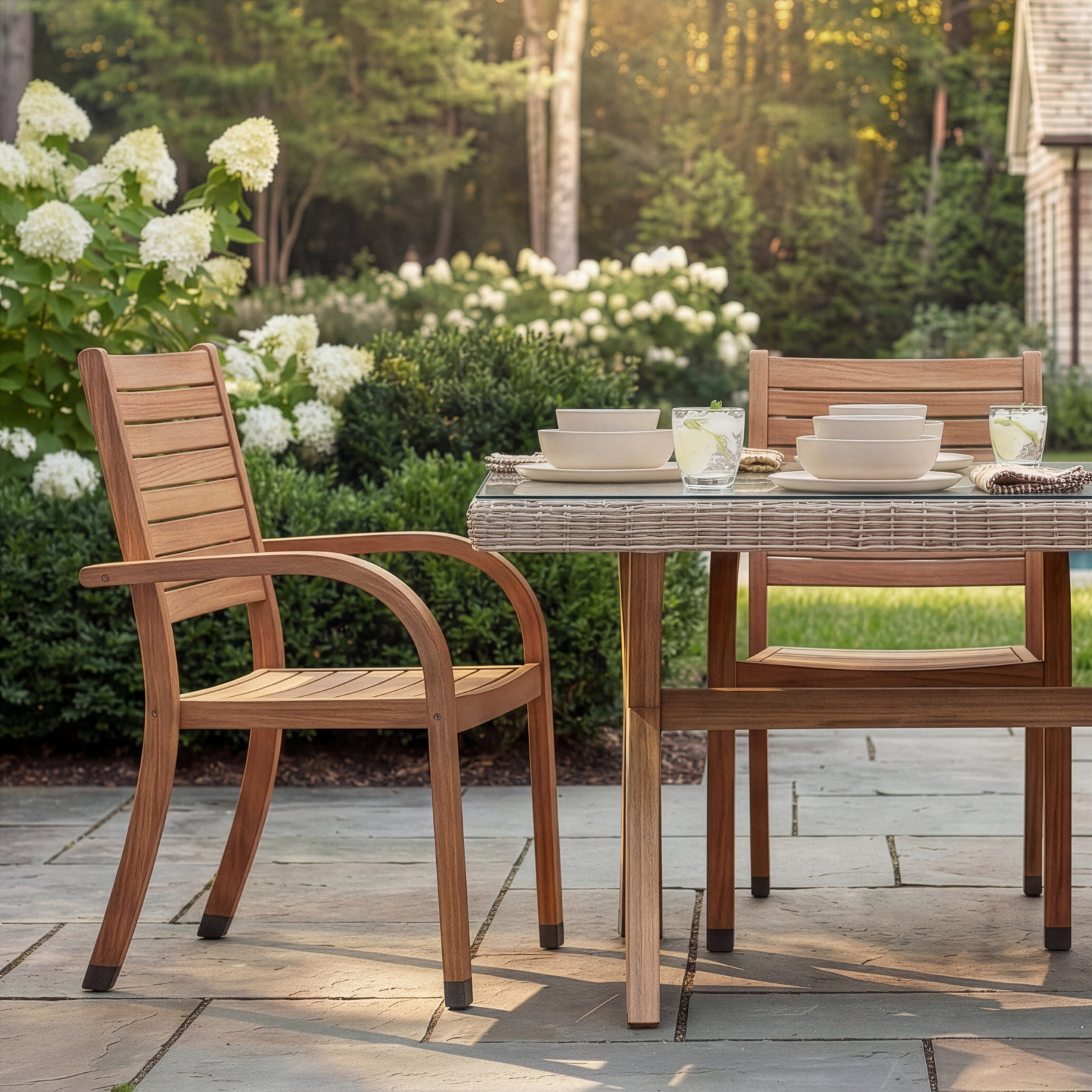 Alyisa Stackable Eucalyptus Patio Side Chair, Light Wood