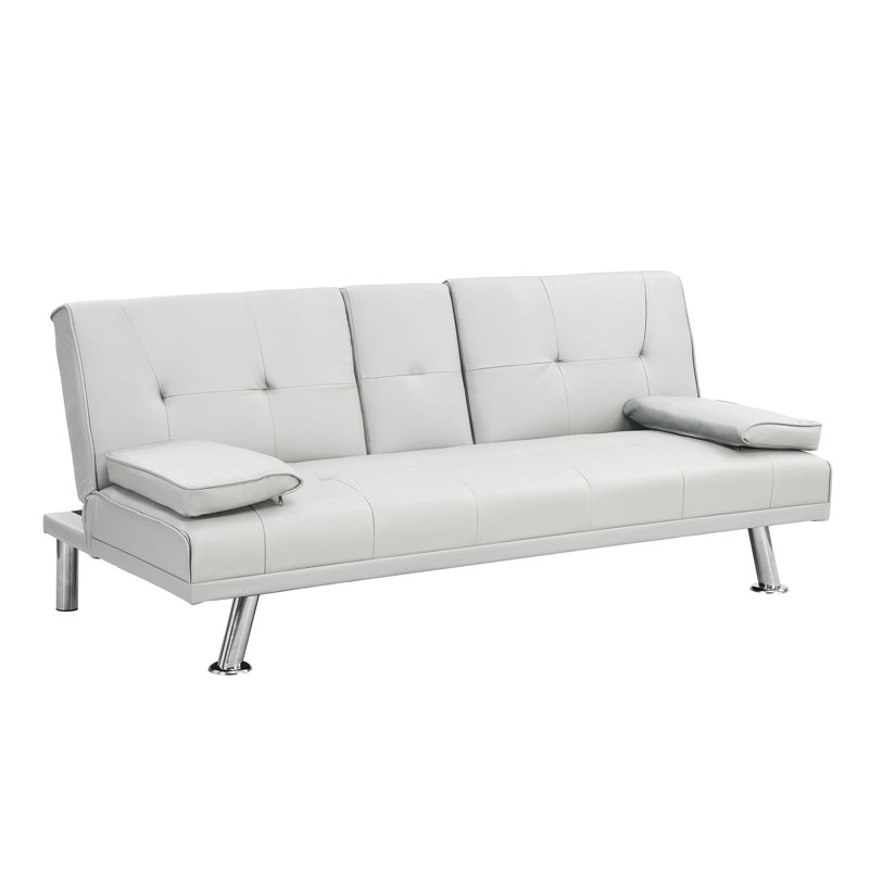 Multifunctional Futon Sofa Bed With Armrest & 2 Cup Holders - 600Lbs Capacity, Pvc Leather Upholstery, Wood Frame & Stainless Steel Legs, Convertible For Living Room/Bedroom/Dorm/Office