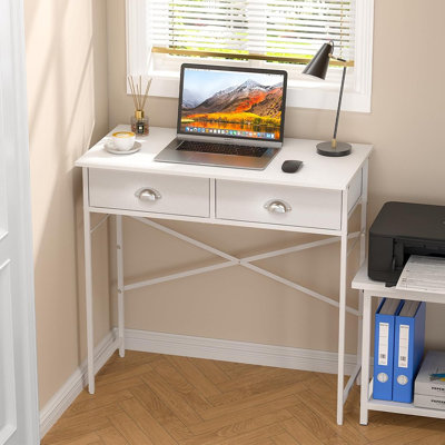 White Computer Desk For Small Spaces, Simple Desk With 2 Fabric Drawers