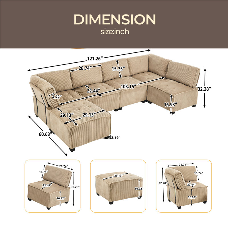 Canapé modulaire modulaire en forme de U avec méridienne réversible Canapé modulaire modulaire, canapé convertible 6 places, parfait pour le salon