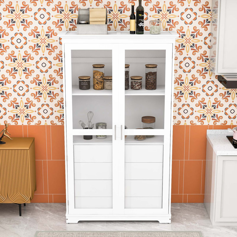 Armoire de cuisine avec portes en verre et 4 tiroirs, Blanc