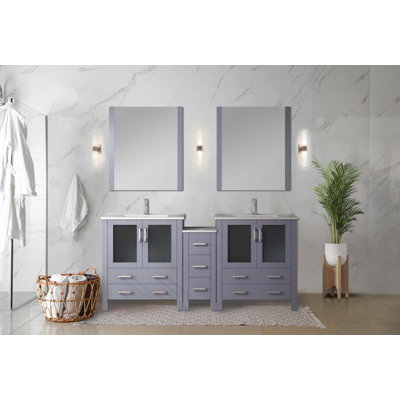 Ensemble de meuble-lavabo double avec armoire latérale, comptoir en céramique et robinet