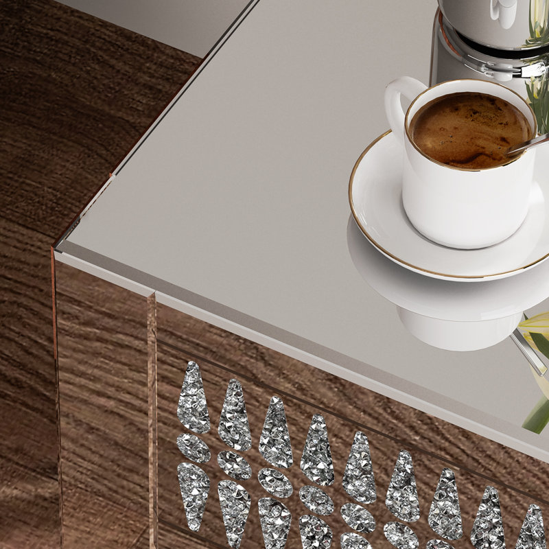 Table d'appoint moderne à miroir avec grand espace de rangement, finition diamants concassés et piètement en forme de H, idéale pour le salon, la chambre et le bureau, couleur argent.