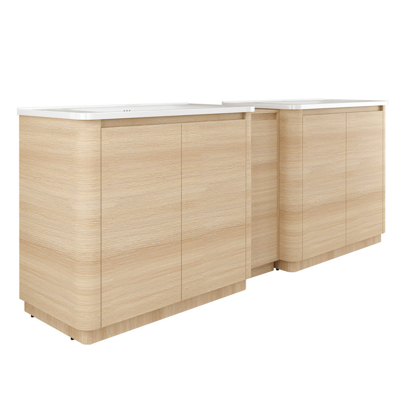 Meuble-lavabo autoportant de 234 cm avec lavabo en céramique blanche et 1 petite armoire de rangement, Chêne blanc, 92''