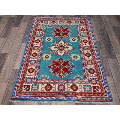 2'7"x4'1" Aqua Blue, Kazak with Tribal Medallions Design, Soft and Shiny Wool, Vegetable Dyes, Hand Knotted, Denser Weave, Sample, Mat, Oriental Rug