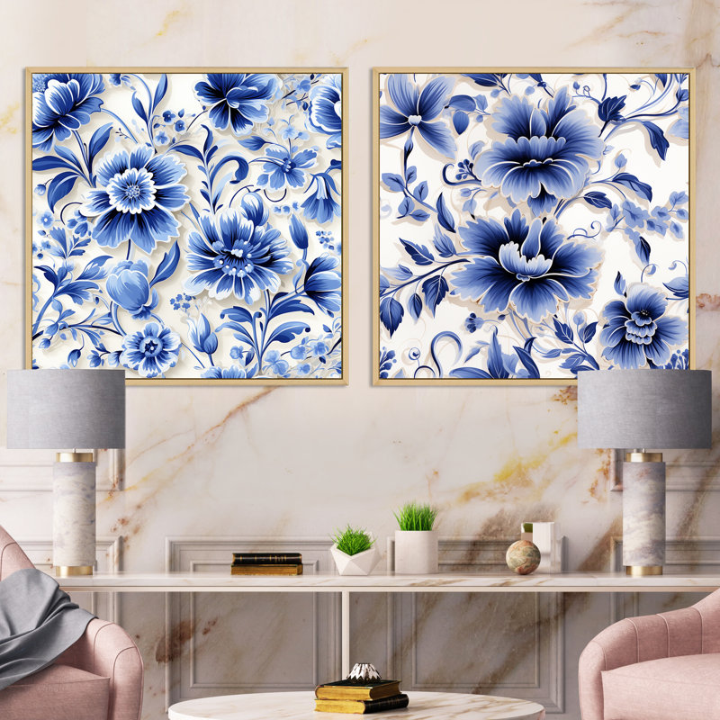 Ensemble de 2 collages carrés floraux en filigrane de style victorien bleu cobalt, H 16 po x l 33 po, Cadre flottant brun
