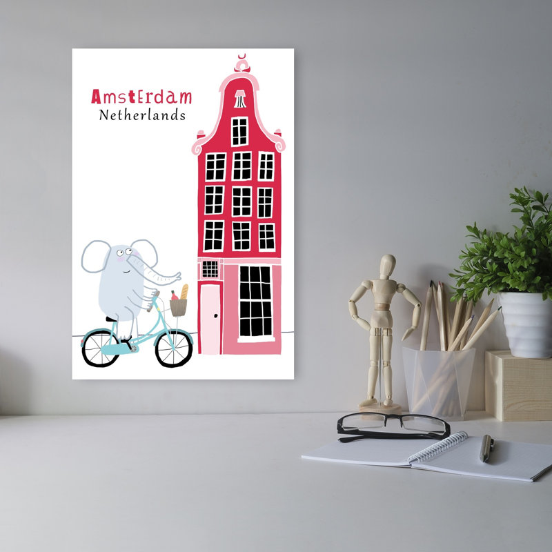 Cycling Elephant Amsterdam Whimsical Abstract Contemporary Elephant Architecture City Wall Art Print by Carla Daly - Wrapped Canvas Print