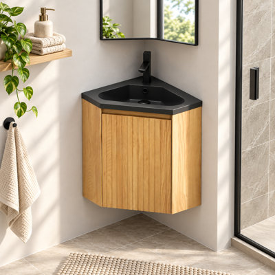 Meuble-lavabo de coin flottant de 22 po avec lavabo en résine noire et armoire en grain de bois naturel