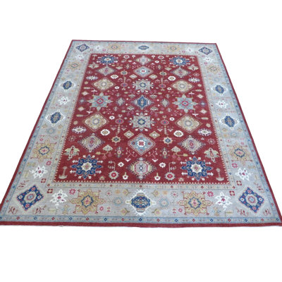 Tapis rectangulaire en laine unique de 12 pi x 14 pi 8 po gris / rouge / bleu