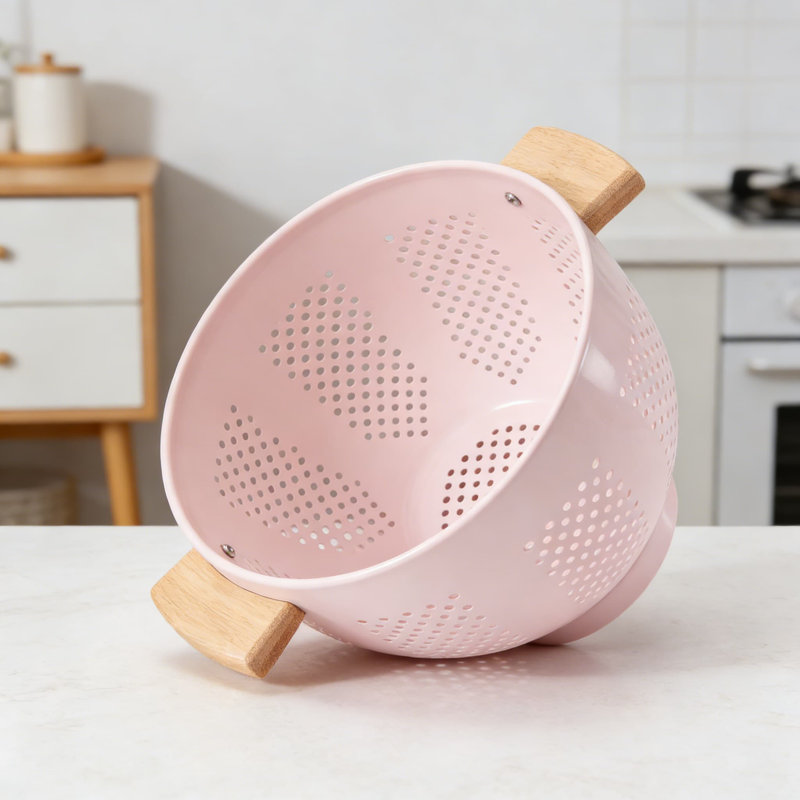 Passoire avec poignée en bois et base stable, grande crépine pour égoutter les pâtes, les légumes et les fruits, Rose
