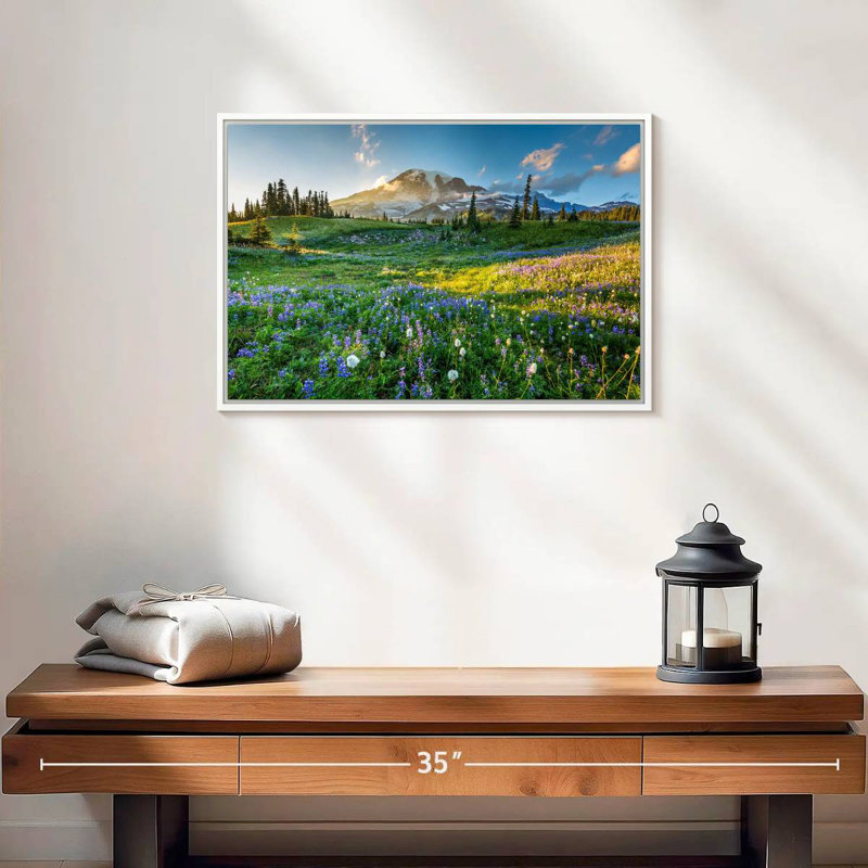Le printemps au mont Rainier, 19 po x 13 po, Cadre flottant blanc