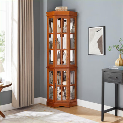 Cabinets | Corner Curio Display Cabinet, 5 Tempered Glass Shelves, Built-in Lighting, Oak Finish, 70.5"H | Traditional | MDF