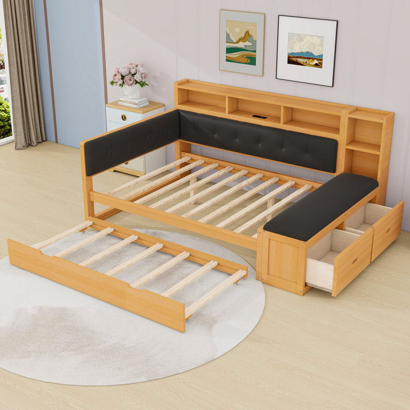 Daybed with Trundle, Shelves, Bench, Charging Station and Upholstered Headboard, Natural Black