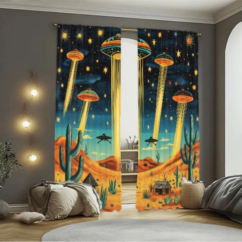 2Pcs Retro Sci-Fi Desert UFO Curtains, Mid-Century Modern Alien Spaceship Scene Window Drapes for Living Room Bedroom Kitchen Rod Pocket Decor