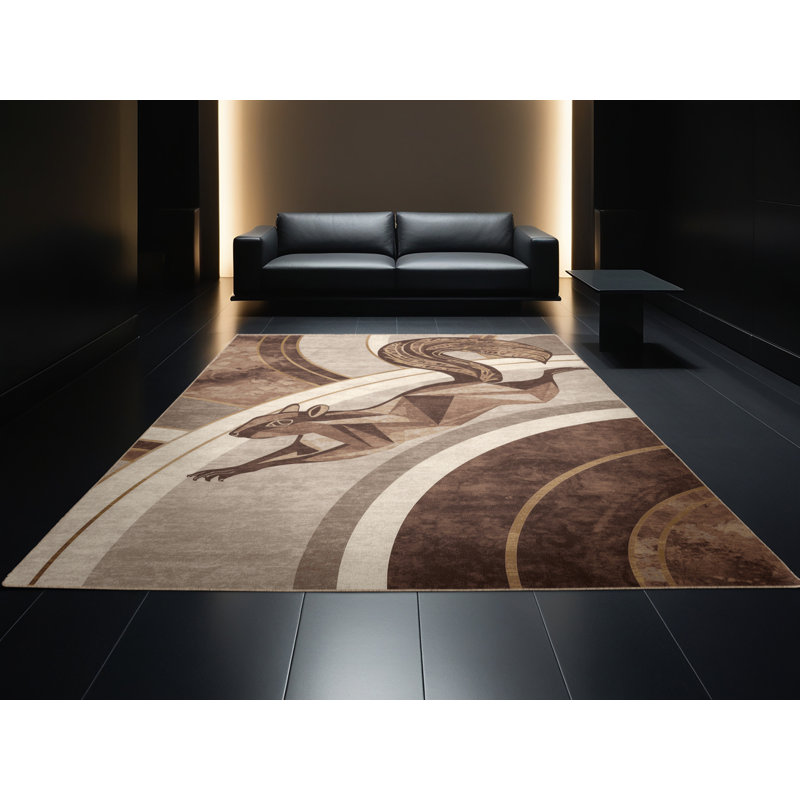 Machine Washable Pavli Squirrel Art Deco Arc Rug in Beige – Beige Binding, 2x3