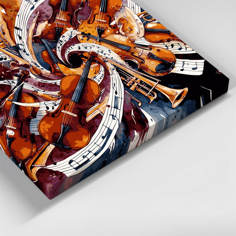 «Music», instruments de musique, toile rouge, H 16 po x l 16 po