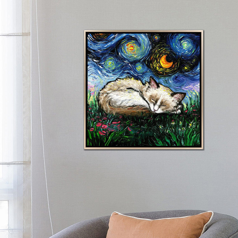 Sleepy Ragdoll Kitten Night, H 26 po x l 26 po x P 1,5 po, Pas de tapis, Toile encadrée champagne