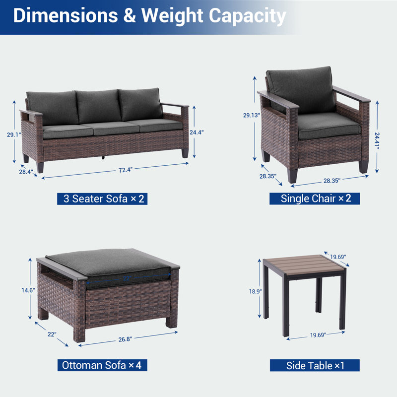 Ensemble de canapé en rotin 9 pièces, osier en rotin PE avec table d'appoint pour patio, terrasse et cour