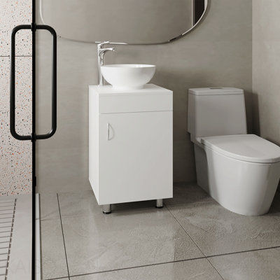 18" Wide Free Standing One Door Vanity, With Porcelain Sink, Bathroom Storage, White
