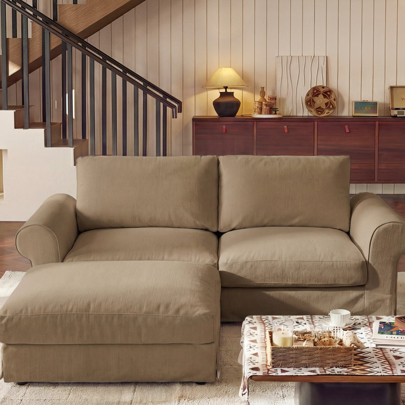 Canapé deux places rembourré avec pouf, accoudoirs arrondis et base à jupe, kaki, Kaki