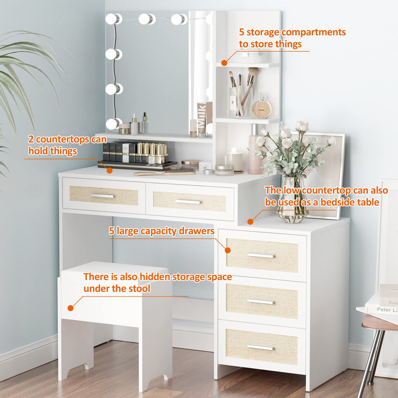 43.2'' Wide Vanity Set with Stool and Mirror