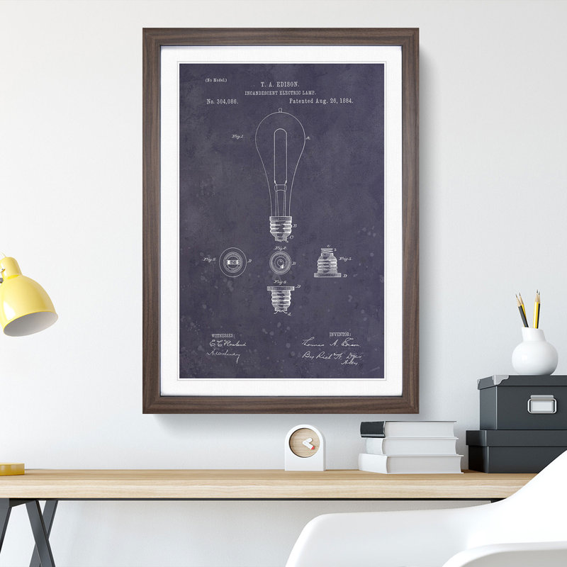 Light Bulb Patent Dark - Picture Frame Painting, 36cm H x 27cm W x 2cm D, Walnut Framed, Violet/Purple