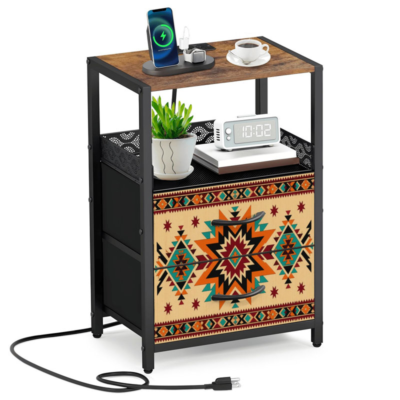 Table de chevet 2 tiroirs en tissu avec station de charge Table de chevet avec porte ouverte USB Navajo Aztec Apache