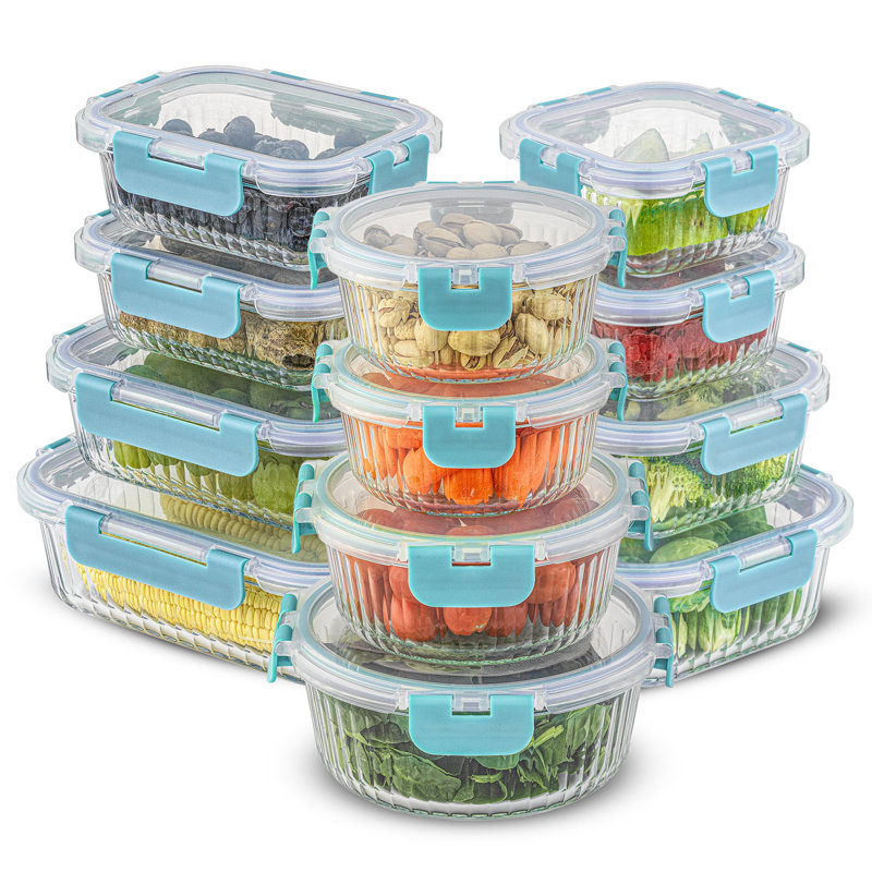 JoyJolt Fluted Glass Food Storage Containers with Leakproof Lids, Set of 12, Blue