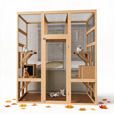 70" Large Outdoor Patio Cat Enclosure, Wood Cat Patio with Waterproof UV-Resistant Roof, Cats Shelter with 5 Platforms and 2 Resting Box, and Secure Rust-Proof Wire for Backyard or Patios.