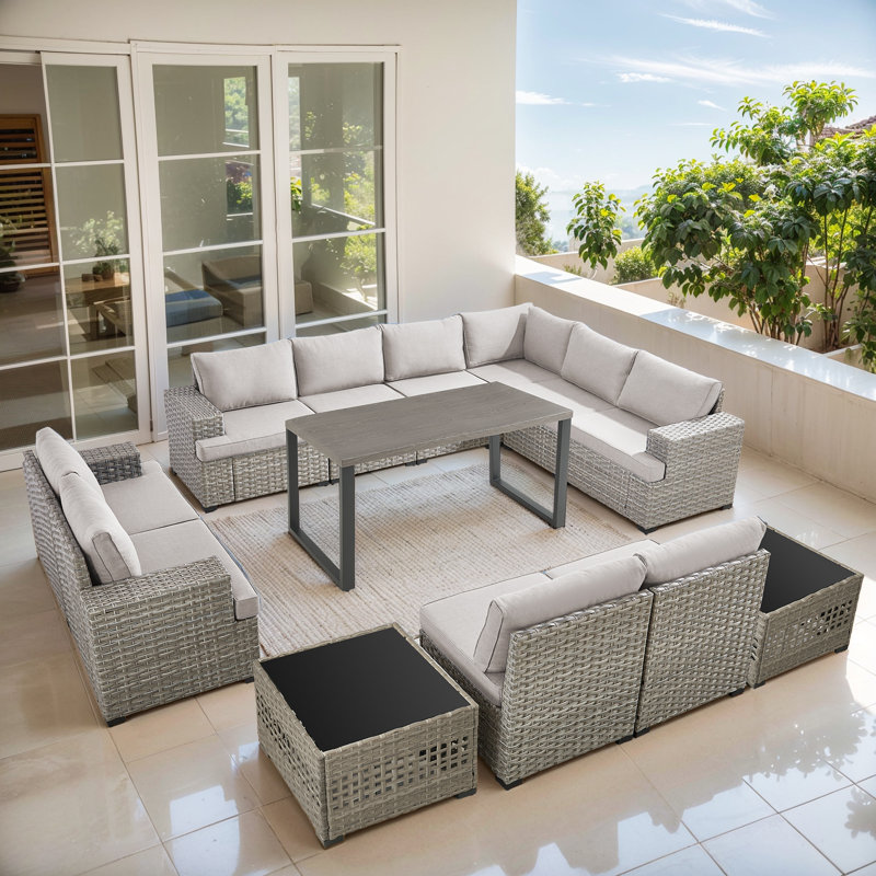 Clute Arnoltice 10 - Person Outdoor Wicker Rattan Patio Sectional Seating Group With Armless Chairs And Dining Table, Beige