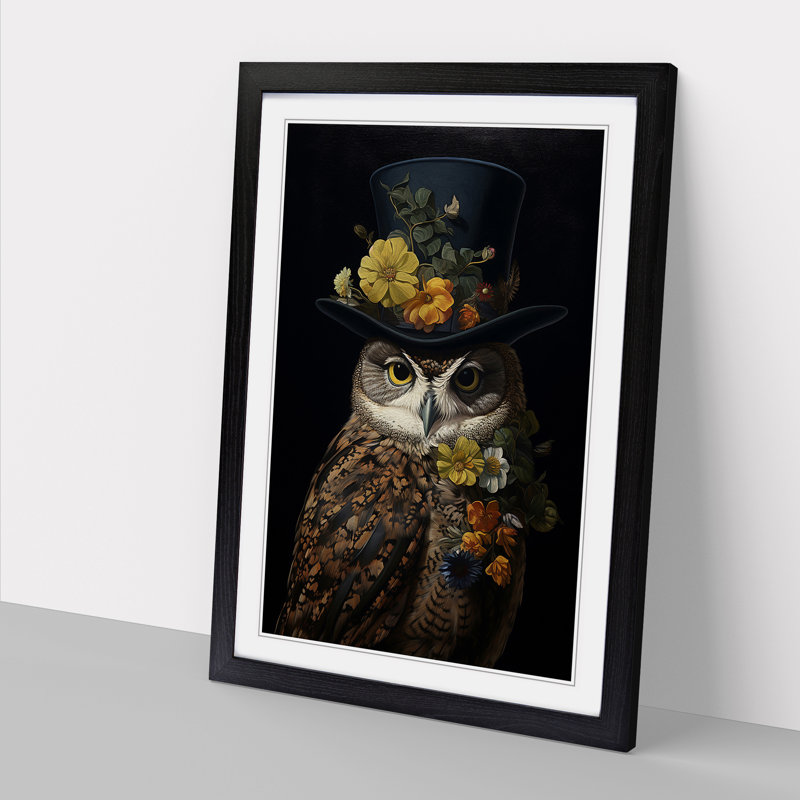 Owl Baroque - Single Picture Frame Print on Wood, 34cm H x 25cm W x 2cm D, Black