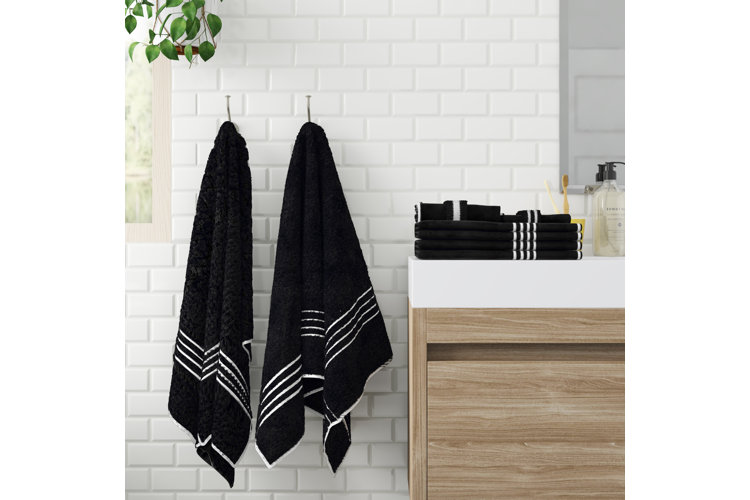 Cream Black Striped Embroidered Bath Towel