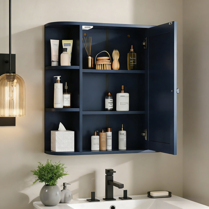 Armoire de rangement murale de salle de bain avec miroir, armoire à pharmacie avec tablette et portes en bois réglables, armoires de rangement montées avec 6 tablettes ouvertes, bleu