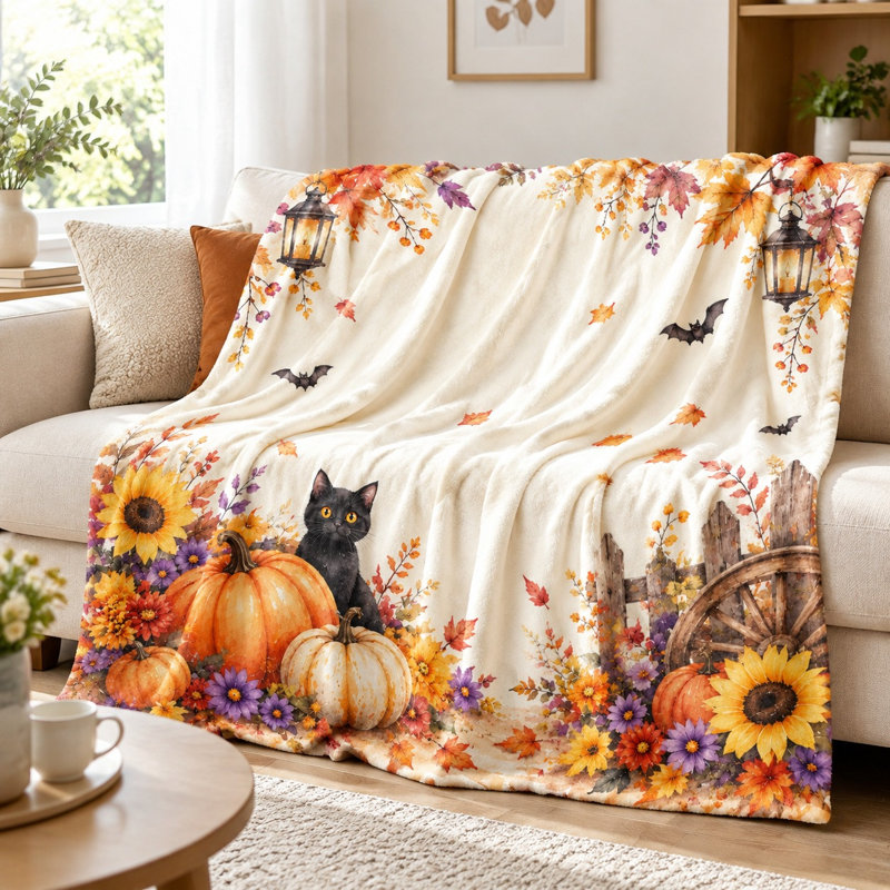 Joli lit citrouille d'Halloween, citrouille et tournesol, jeté d'automne sur le thème du canapé, canapé, chambre à coucher, salon, décoration de la maison