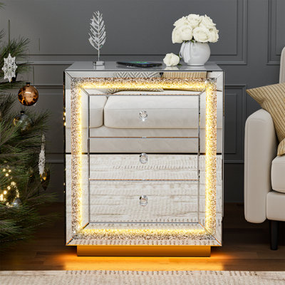 Mirrored Nightstand With Led Light & Wireless Charging Station, Crushed Diamond Table With 3 Drawers, Mirrored End Table With Crystal Handles For Bedroom, Office