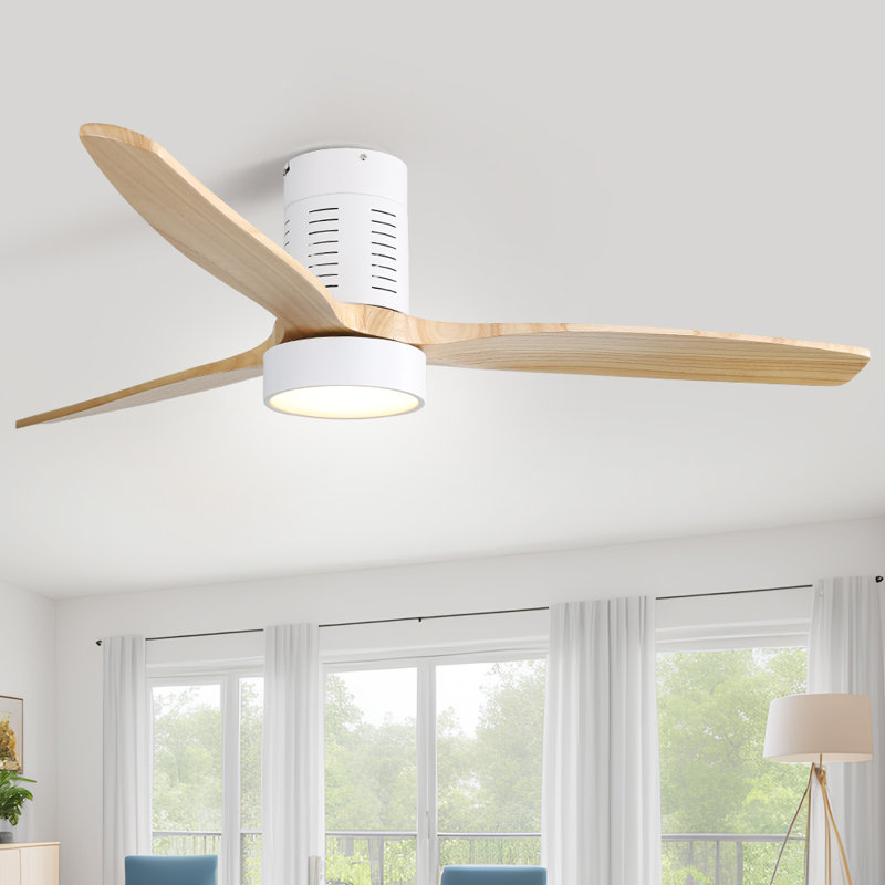 Ventilateur de plafond encastré à DEL de 52 po Kemp, Blanc / pales en bois clair