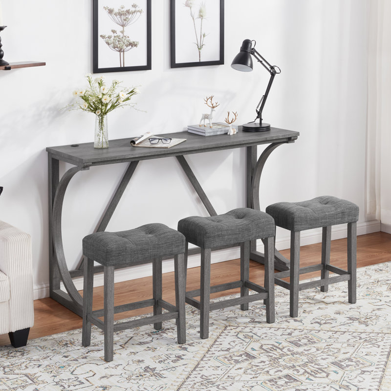 Ensemble de table de bar 4 pièces en bois massif avec charge USB, Gris, Gris