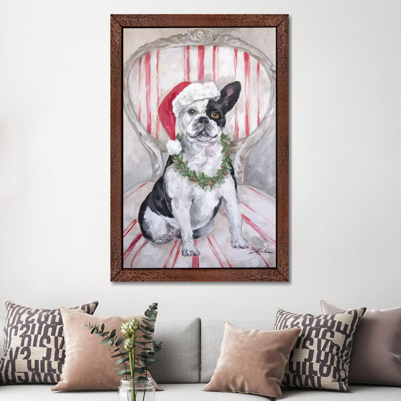 Frenchies Christmas by Debi Coules - Painting on Canvas, 66.04 cm H x 45.72 cm W, Brown Floater Framed