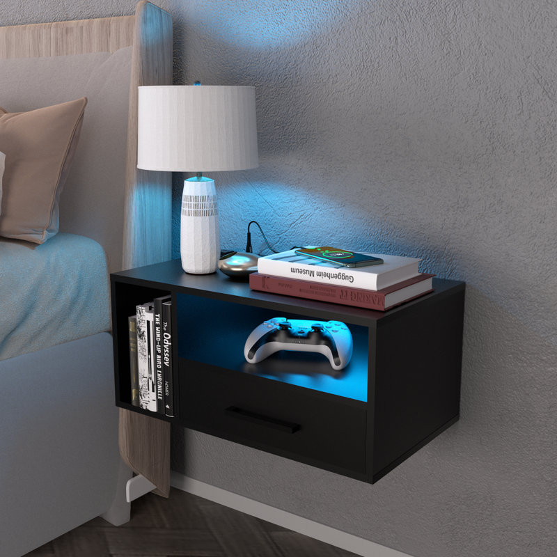 Jorid 21.3''W Wall Mounted Floating Nightstand with RGB Light, Black