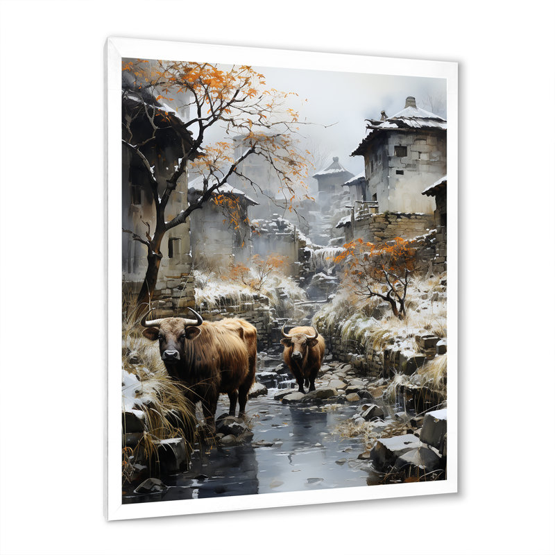Yaks Urban visiteur I sur toile, H 44 po x l 34 po x P 1,5 po, Cadre simple blanc