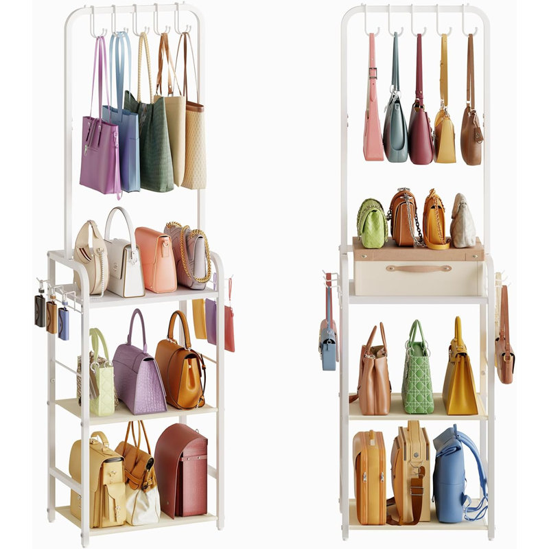 Tall Purse Organizer With 5 Purse Hanger， 6 Side Hooks, 3 Tier Floor，Standing Purse Rack Stand For Purse Storage, Narrow ， High-Capacity Handbag Organizer, Backpack Storage For Small Place