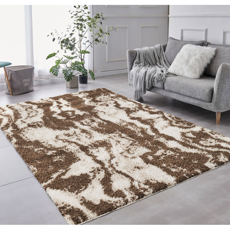 Tapis moderne à poils longs abstrait Nova brun et ivoire, lavable, Brun / Ivoire, 7 pi 8 po x 10 pi 2 po