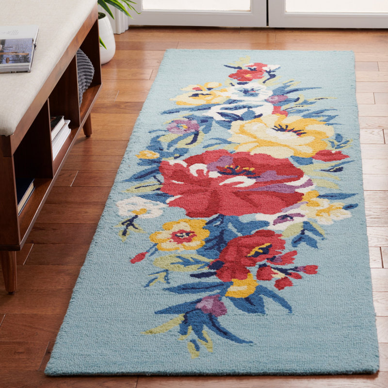 Tapis floral bleu / rose en laine / coton touffeté à la main Chelsea, Tapis de couloir 2 pi 3 po x 8 pi